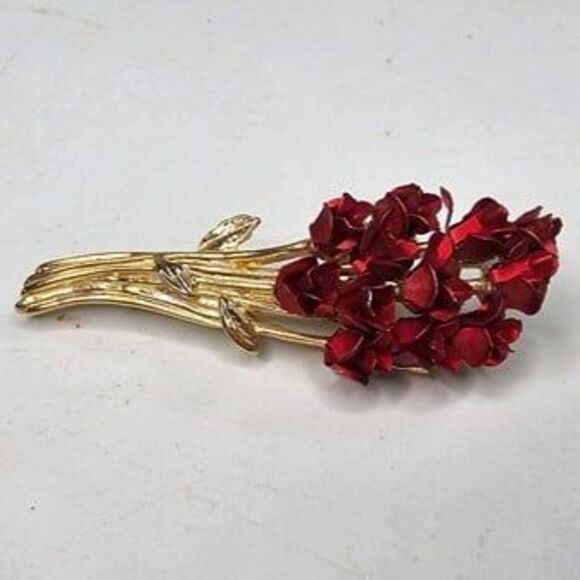 Vintage David Monn Bouquet of Red Roses Gold Tone Brooch Pin 1997 - Picture 1 of 4